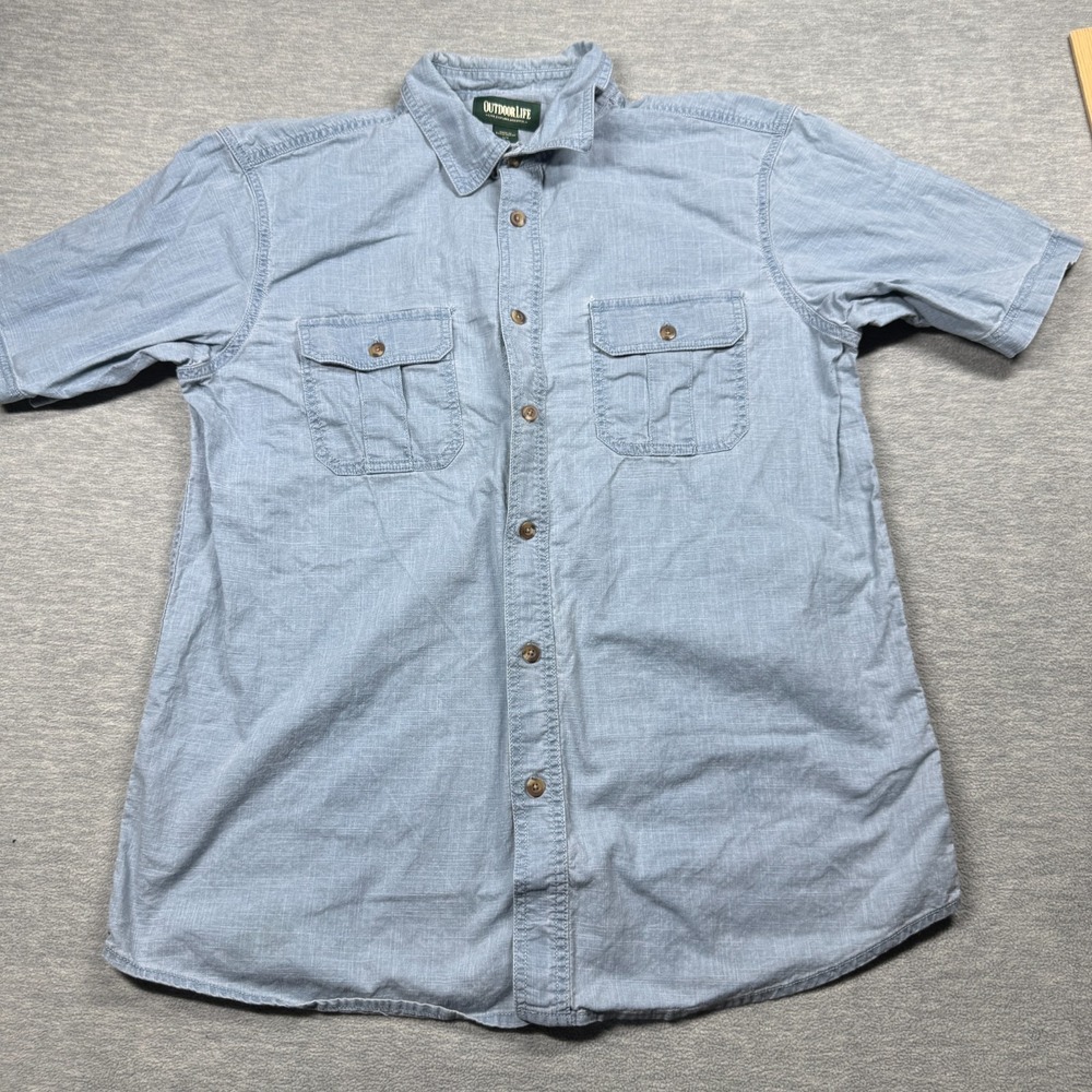 Outdoor Life Shirt Mens L Light Blue Chambray Short Sleeve Button Up Work‎ Shirt